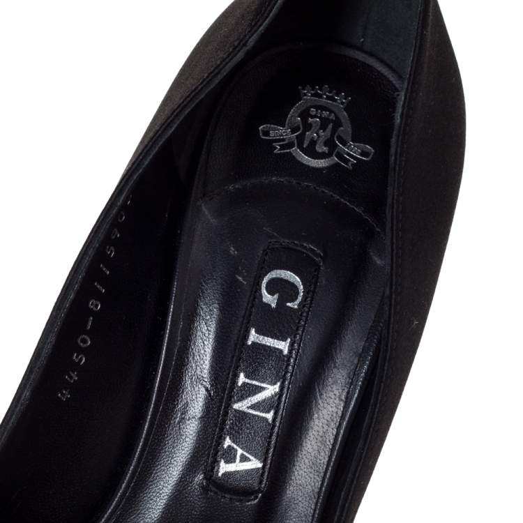Pre Owned Gina Black Satin Crystal Embellished Platform Peep Toe Pumps Size 39