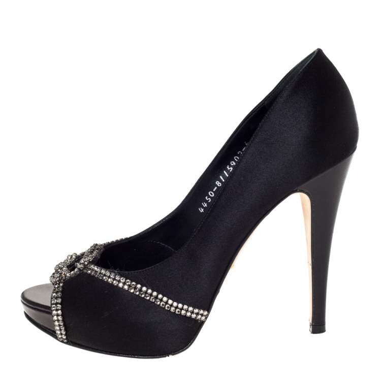Pre Owned Gina Black Satin Crystal Embellished Platform Peep Toe Pumps Size 39
