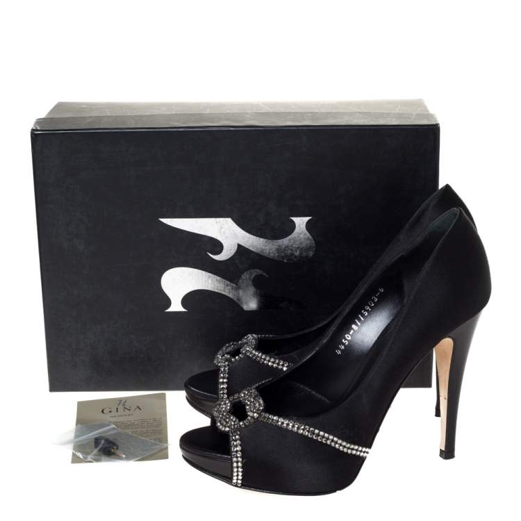 Pre Owned Gina Black Satin Crystal Embellished Platform Peep Toe Pumps Size 39