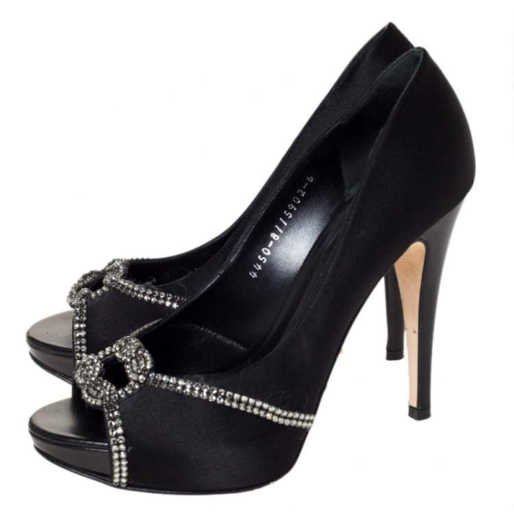 Pre Owned Gina Black Satin Crystal Embellished Platform Peep Toe Pumps Size 39