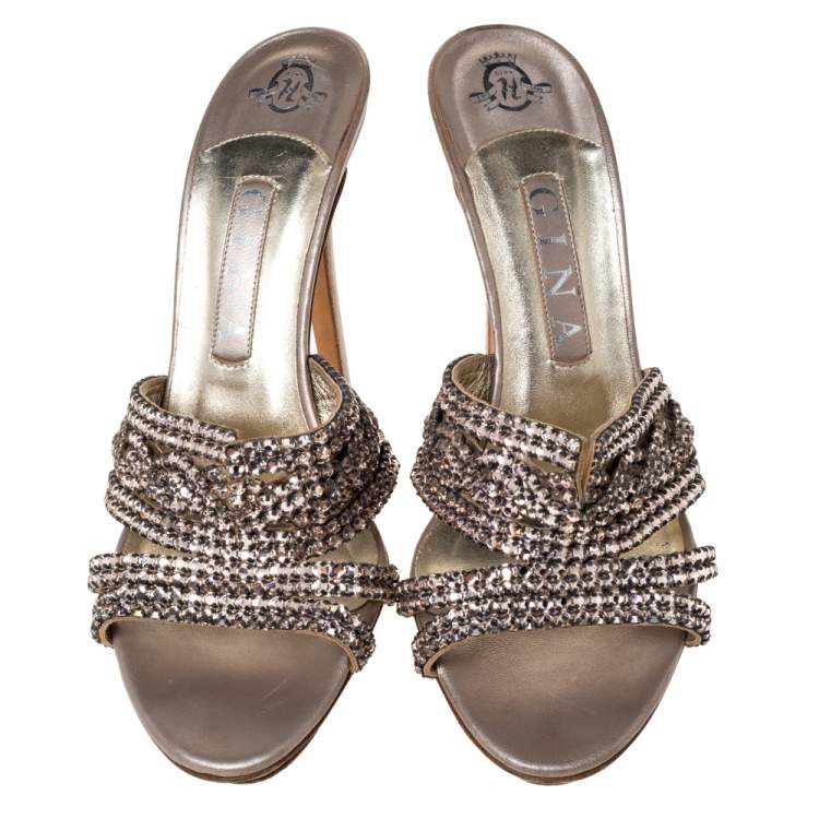 Pre Owned Gina Metallic Lilac Crystal Embellished Leather Platform Sandals Size 39