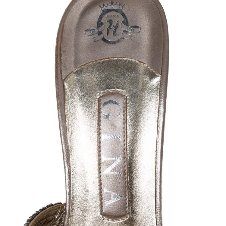 Pre Owned Gina Metallic Lilac Crystal Embellished Leather Platform Sandals Size 39