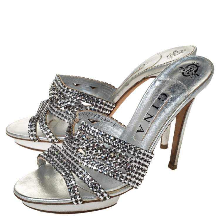 Pre Owned Gina Silver Crystal Embellished Leather Platform Sandals Size 39