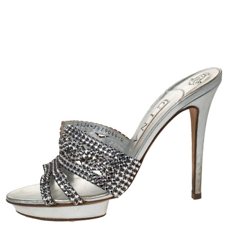Pre Owned Gina Silver Crystal Embellished Leather Platform Sandals Size 39