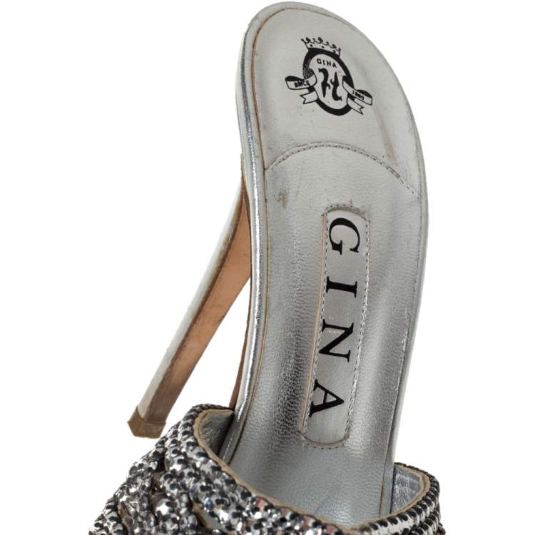 Pre Owned Gina Silver Crystal Embellished Leather Platform Sandals Size 39