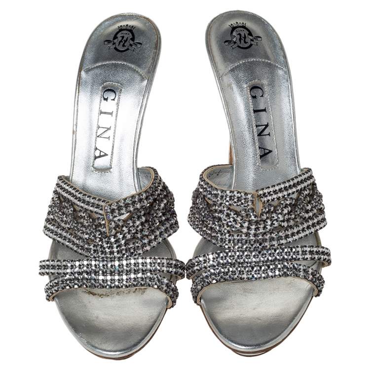 Pre Owned Gina Silver Crystal Embellished Leather Platform Sandals Size 39