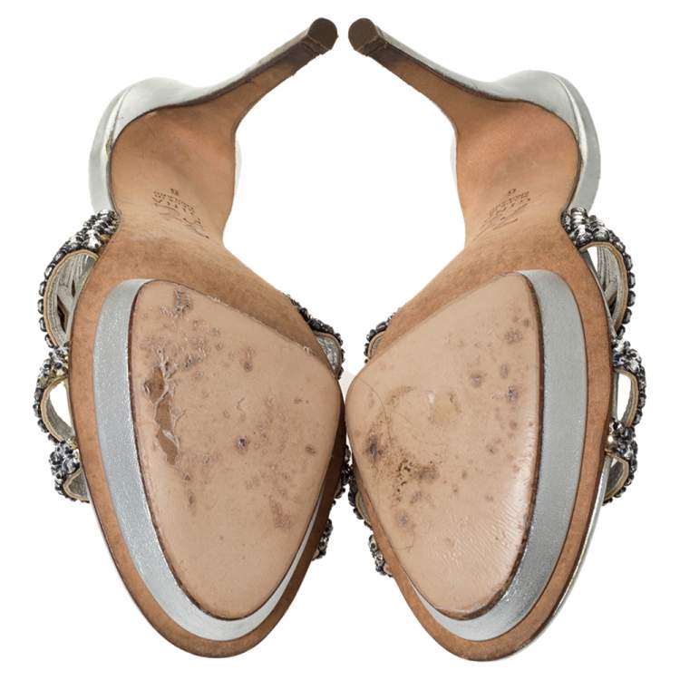 Pre Owned Gina Silver Crystal Embellished Leather Platform Sandals Size 39