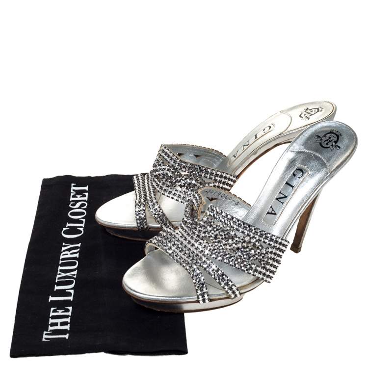 Pre Owned Gina Silver Crystal Embellished Leather Platform Sandals Size 39
