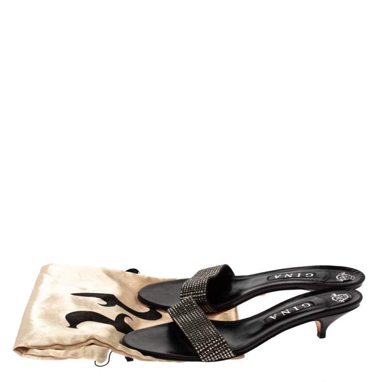 Pre Owned Gina Black Crystal Embellished Leather Kitten Heel Sandals Size 41
