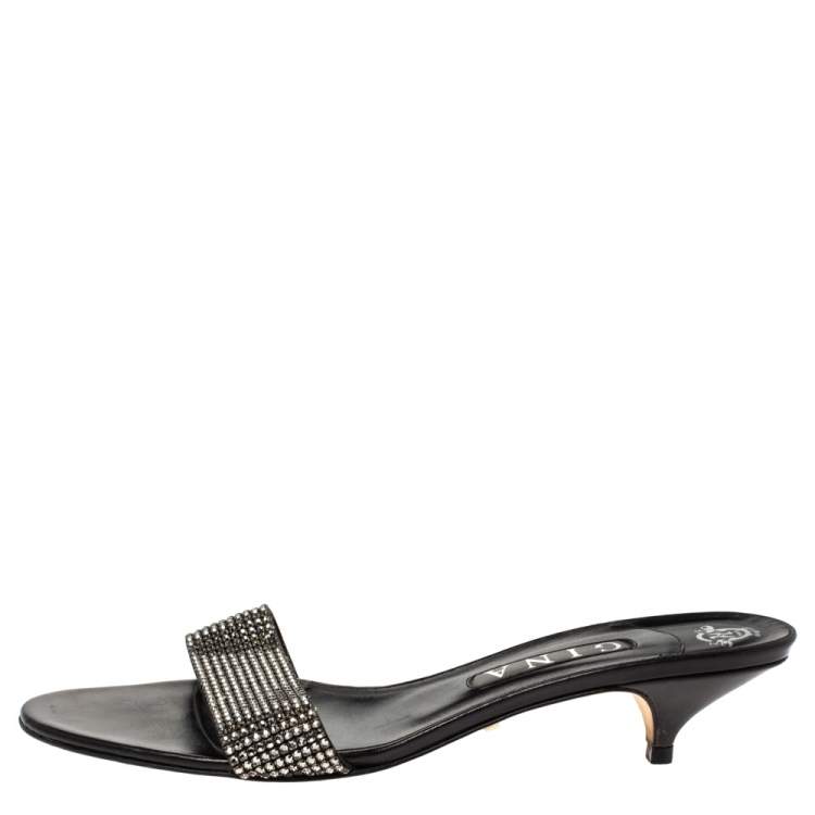 Pre Owned Gina Black Crystal Embellished Leather Kitten Heel Sandals Size 41