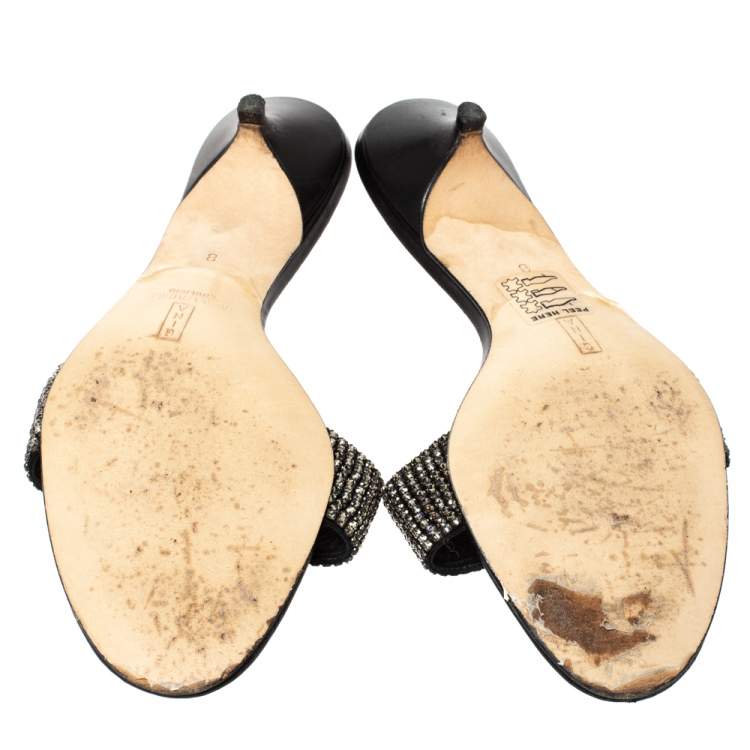 Pre Owned Gina Black Crystal Embellished Leather Kitten Heel Sandals Size 41
