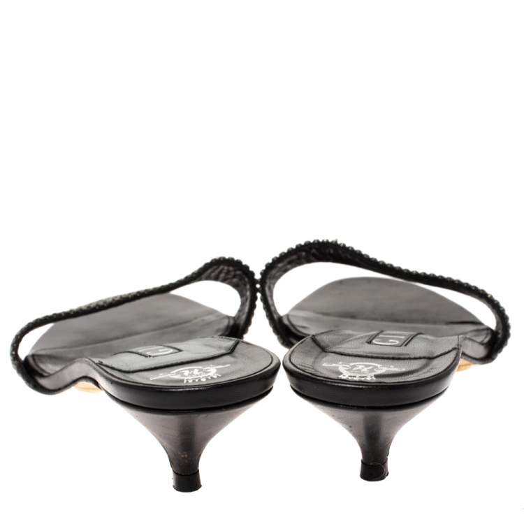 Pre Owned Gina Black Crystal Embellished Leather Kitten Heel Sandals Size 41