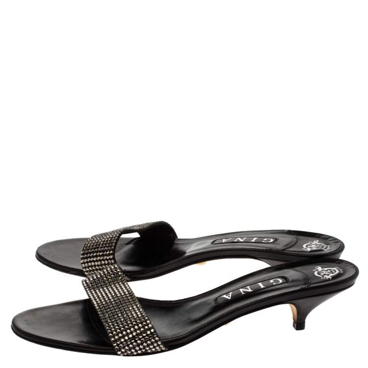 Pre Owned Gina Black Crystal Embellished Leather Kitten Heel Sandals Size 41