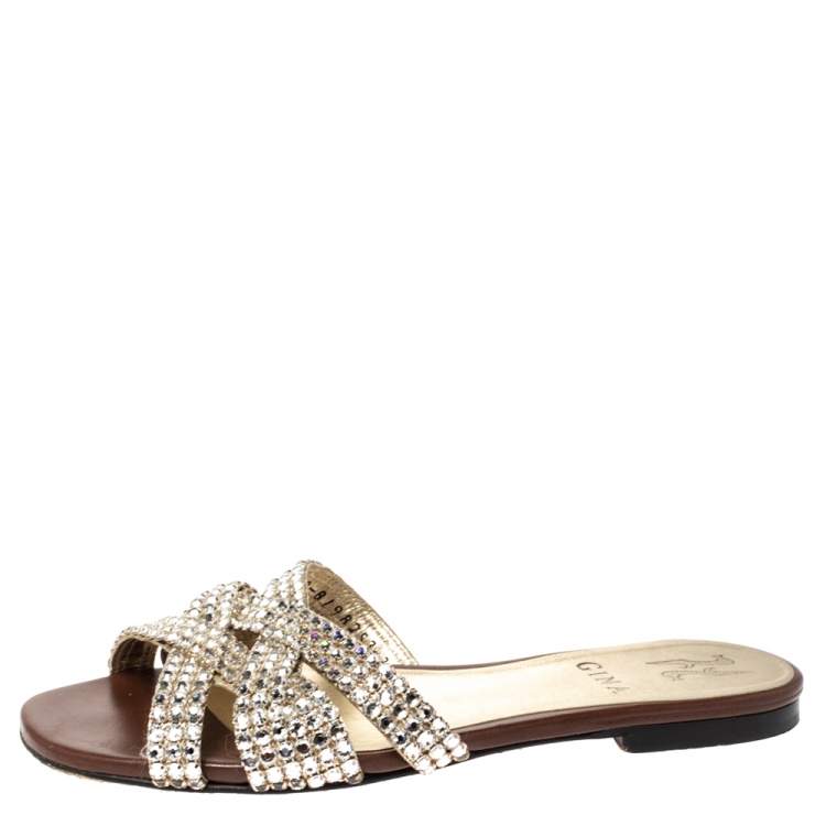 Pre Owned Gina Brown Crystal Embellished Leather Criss Cross Flats Size 36