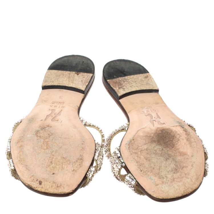 Pre Owned Gina Brown Crystal Embellished Leather Criss Cross Flats Size 36