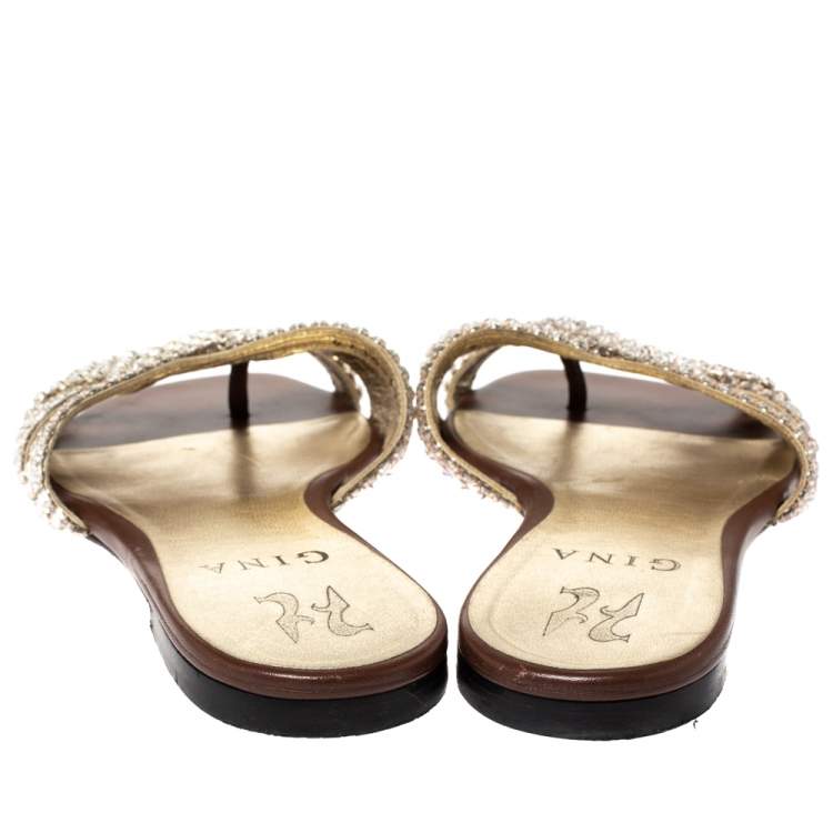 Pre Owned Gina Brown Crystal Embellished Leather Criss Cross Flats Size 36