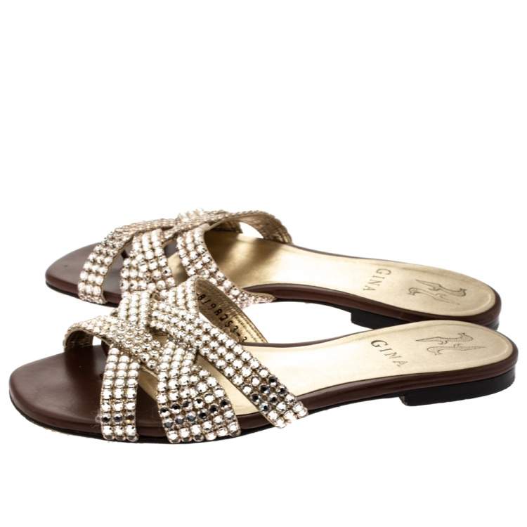 Pre Owned Gina Brown Crystal Embellished Leather Criss Cross Flats Size 36