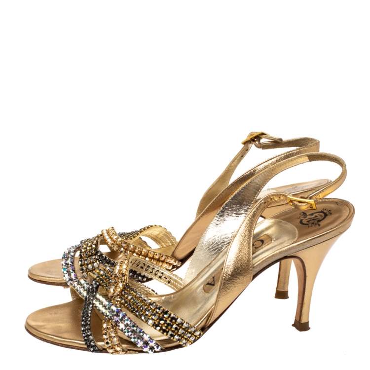 Pre Owned Gina Metallic Gold Leather Crystal Embellished Slingback Sandals Size 37