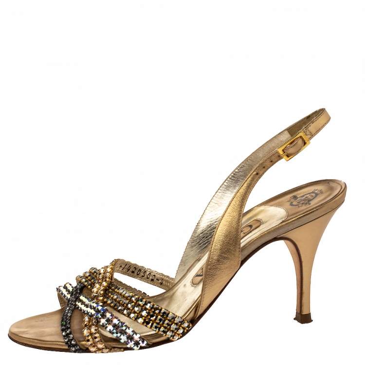 Pre Owned Gina Metallic Gold Leather Crystal Embellished Slingback Sandals Size 37