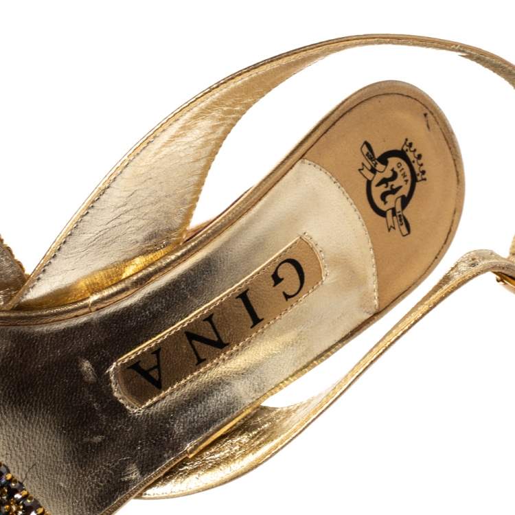 Pre Owned Gina Metallic Gold Leather Crystal Embellished Slingback Sandals Size 37