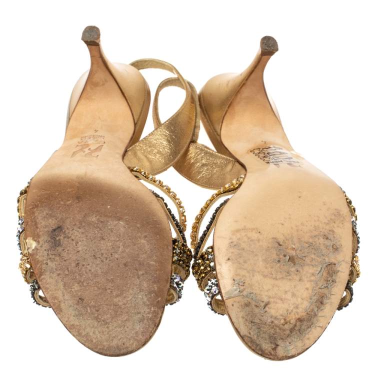 Pre Owned Gina Metallic Gold Leather Crystal Embellished Slingback Sandals Size 37