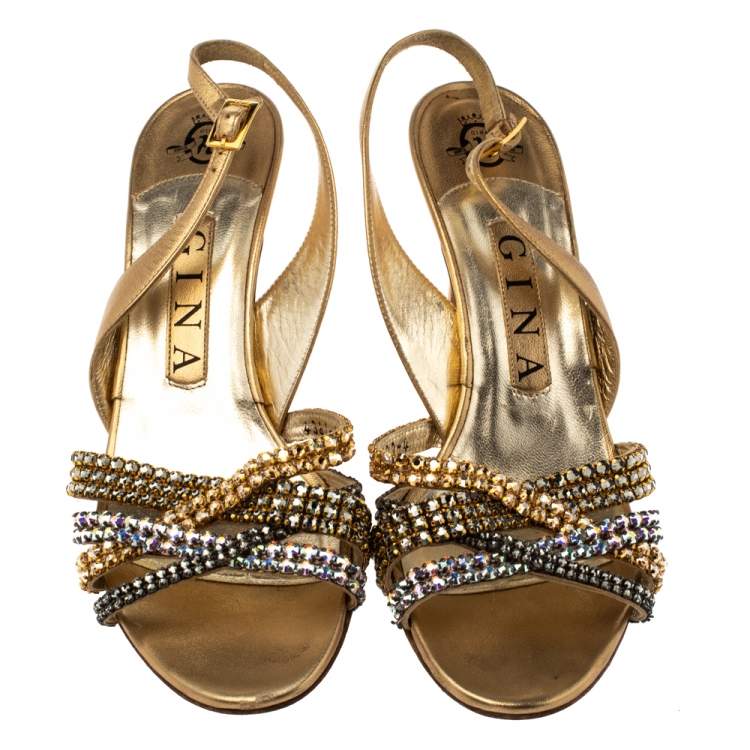 Pre Owned Gina Metallic Gold Leather Crystal Embellished Slingback Sandals Size 37