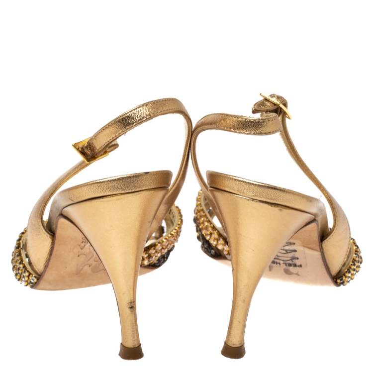Pre Owned Gina Metallic Gold Leather Crystal Embellished Slingback Sandals Size 37
