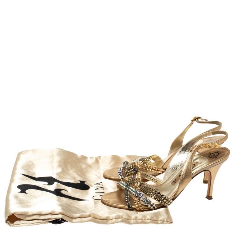 Pre Owned Gina Metallic Gold Leather Crystal Embellished Slingback Sandals Size 37