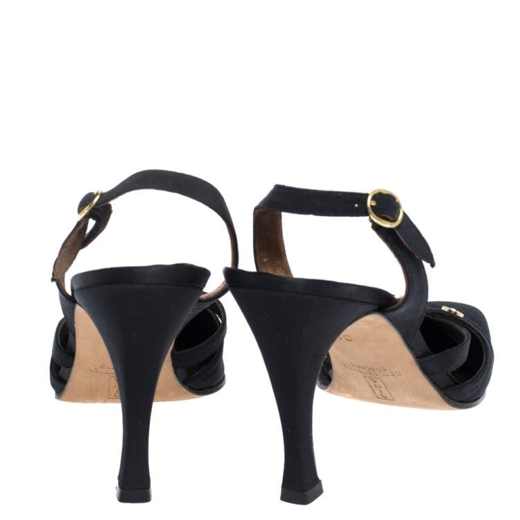 Pre Owned Gina Black Satin Embellished Pointed Toe Slingback Sandals Size 36.5