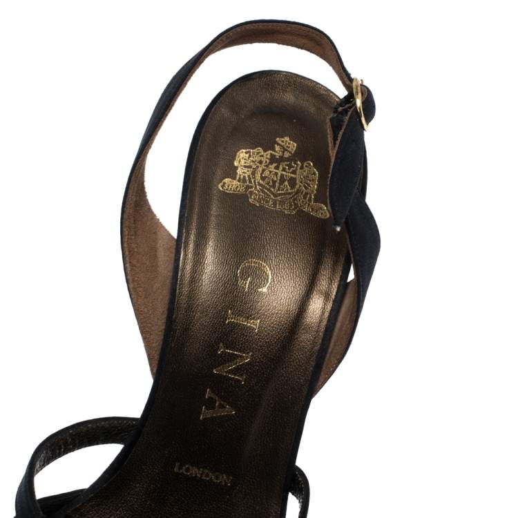 Pre Owned Gina Black Satin Embellished Pointed Toe Slingback Sandals Size 36.5