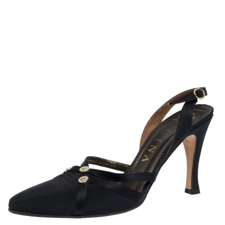 Gina Black Satin Embellished Pointed Toe Slingback Sandals Size 36.5 ...