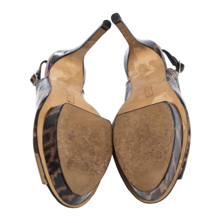 Pre Owned Gina Brown/Black Leopard Print Leather Peep Toe Platform Slingback Sandals Size 37