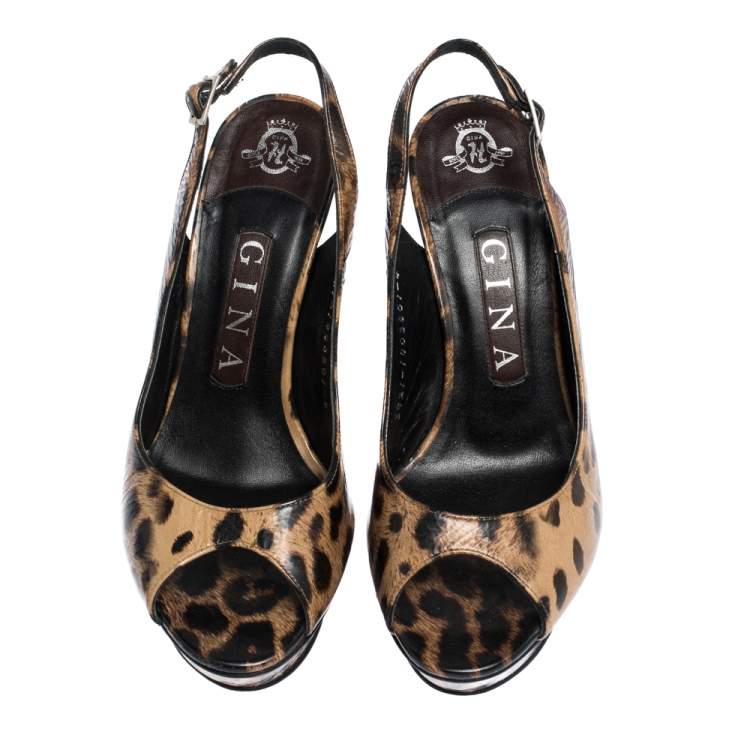 Pre Owned Gina Brown/Black Leopard Print Leather Peep Toe Platform Slingback Sandals Size 37