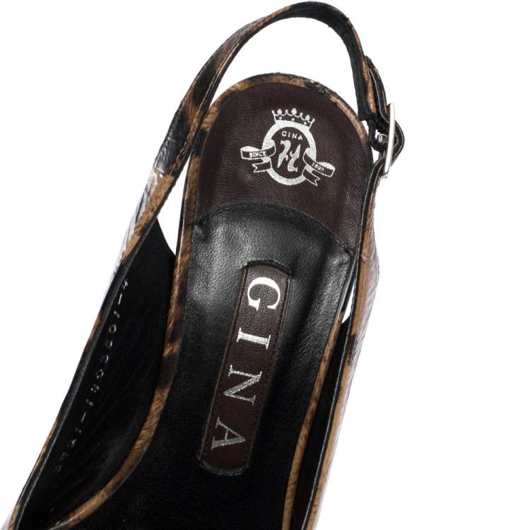 Pre Owned Gina Brown/Black Leopard Print Leather Peep Toe Platform Slingback Sandals Size 37