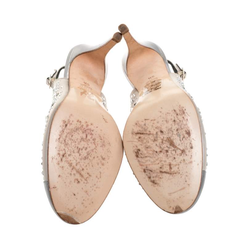 Pre Owned Gina Metallic Silver Satin and Leather Crystal Embellished Slingback Sandals Size 38.5