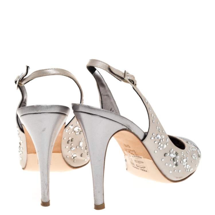Pre Owned Gina Metallic Silver Satin and Leather Crystal Embellished Slingback Sandals Size 38.5