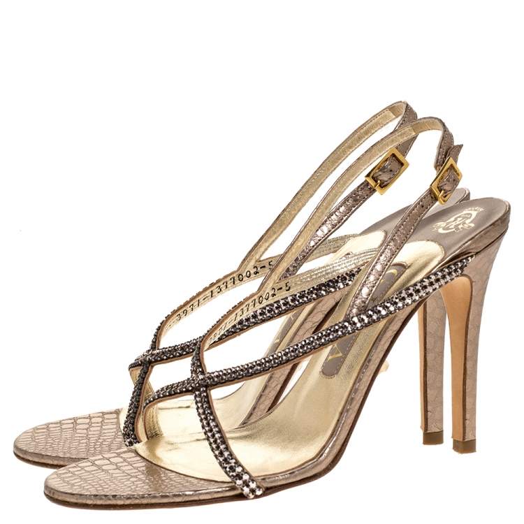 Pre Owned Gina Metallic Pink Embossed Leather Astor Cross Ankle Strap Sandals Size 38
