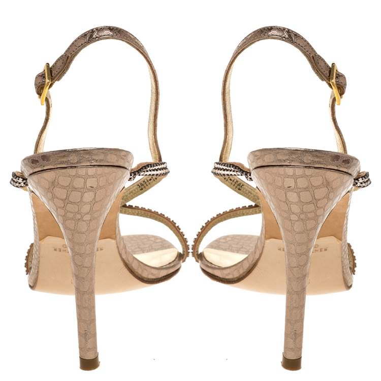 Pre Owned Gina Metallic Pink Embossed Leather Astor Cross Ankle Strap Sandals Size 38