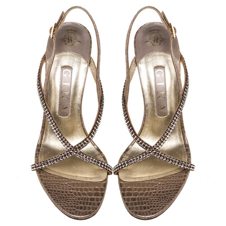 Pre Owned Gina Metallic Pink Embossed Leather Astor Cross Ankle Strap Sandals Size 38