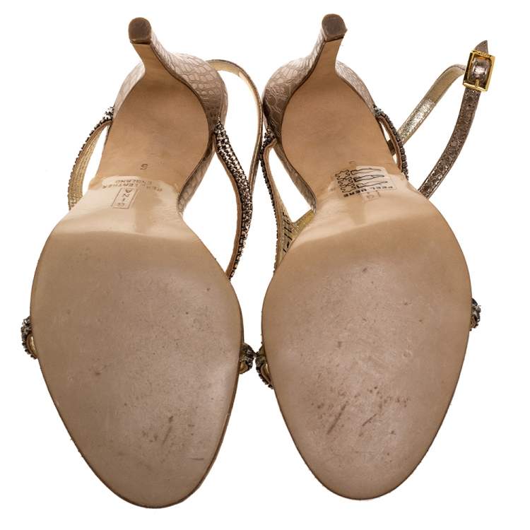 Pre Owned Gina Metallic Pink Embossed Leather Astor Cross Ankle Strap Sandals Size 38