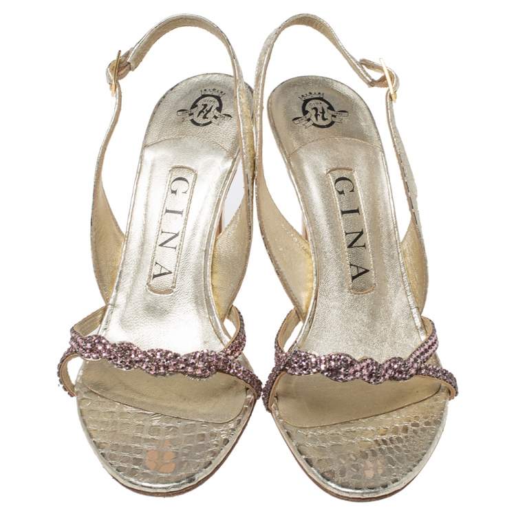 Pre Owned Gina Gold Crystal Embellished Python Embossed Leather Naomi Slingback Sandals Size 36