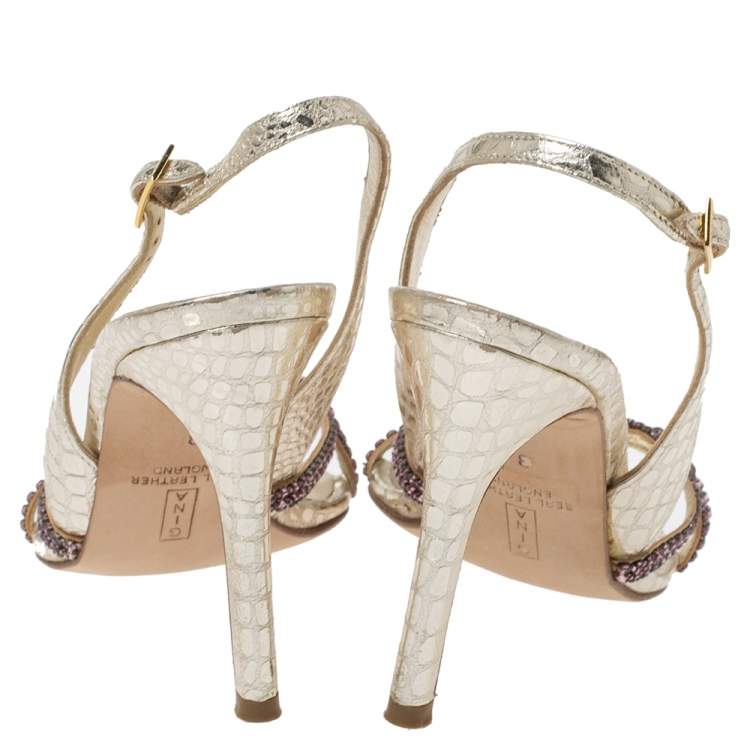 Pre Owned Gina Gold Crystal Embellished Python Embossed Leather Naomi Slingback Sandals Size 36