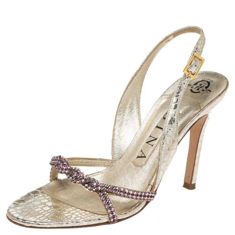 Pre Owned Gina Gold Crystal Embellished Python Embossed Leather Naomi Slingback Sandals Size 36