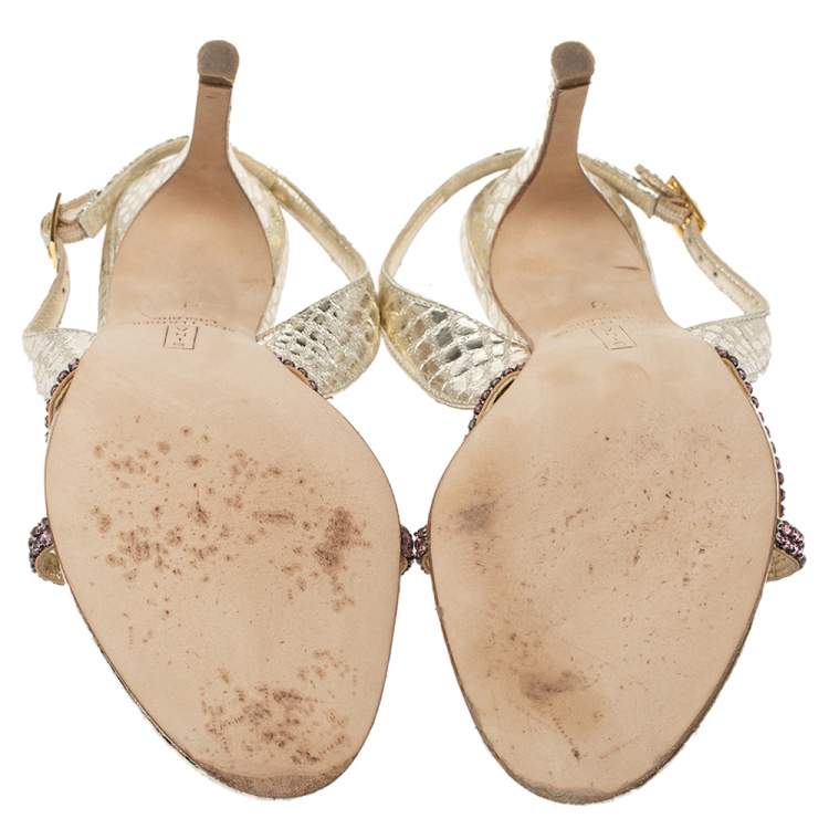 Pre Owned Gina Gold Crystal Embellished Python Embossed Leather Naomi Slingback Sandals Size 36