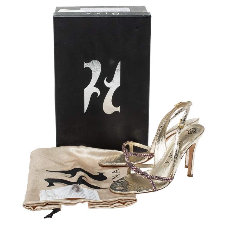 Pre Owned Gina Gold Crystal Embellished Python Embossed Leather Naomi Slingback Sandals Size 36