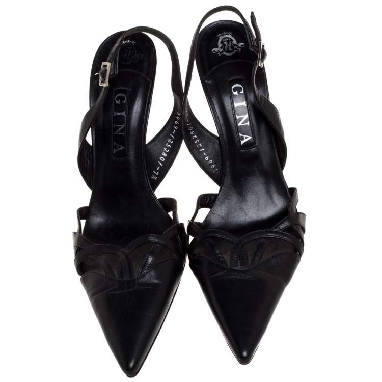 Pre Owned Gina Black Leather Pointed Toe Slingback Sandals Size 40.5
