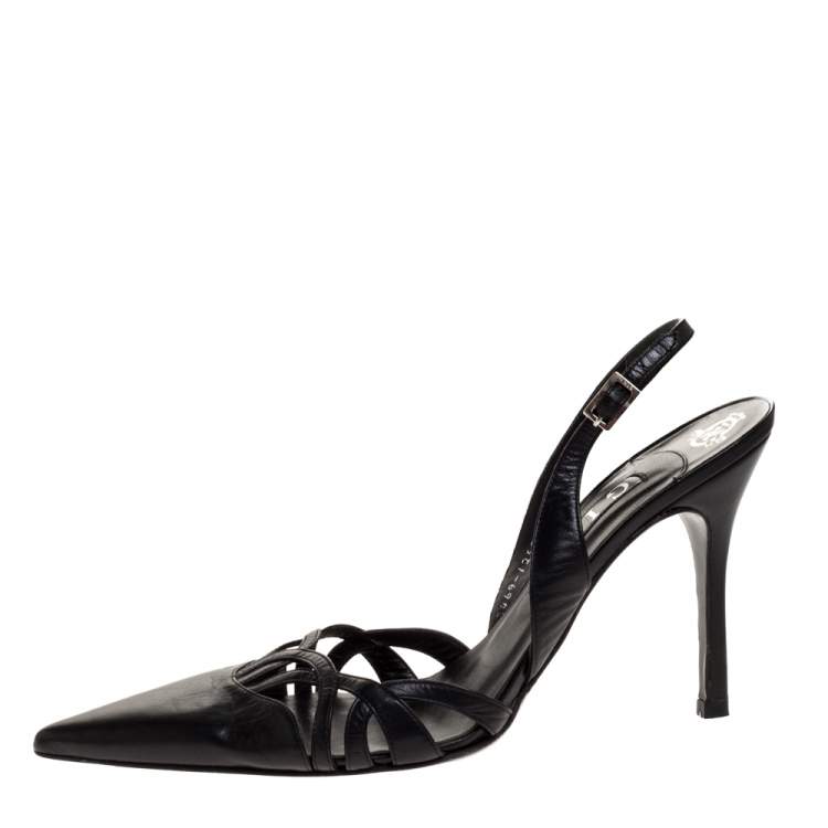 Pre Owned Gina Black Leather Pointed Toe Slingback Sandals Size 40.5