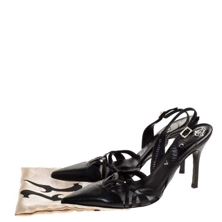 Pre Owned Gina Black Leather Pointed Toe Slingback Sandals Size 40.5