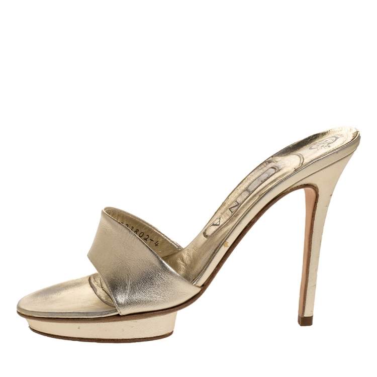 Pre Owned Gina Metallic Gold Leather Slide Sandals Size 37