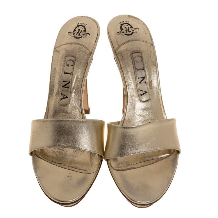 Pre Owned Gina Metallic Gold Leather Slide Sandals Size 37